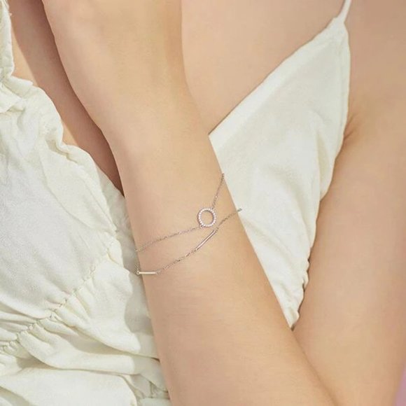 925 Sterling Silver Diamond Circle Bar Bracelet J - Picture 6 of 8